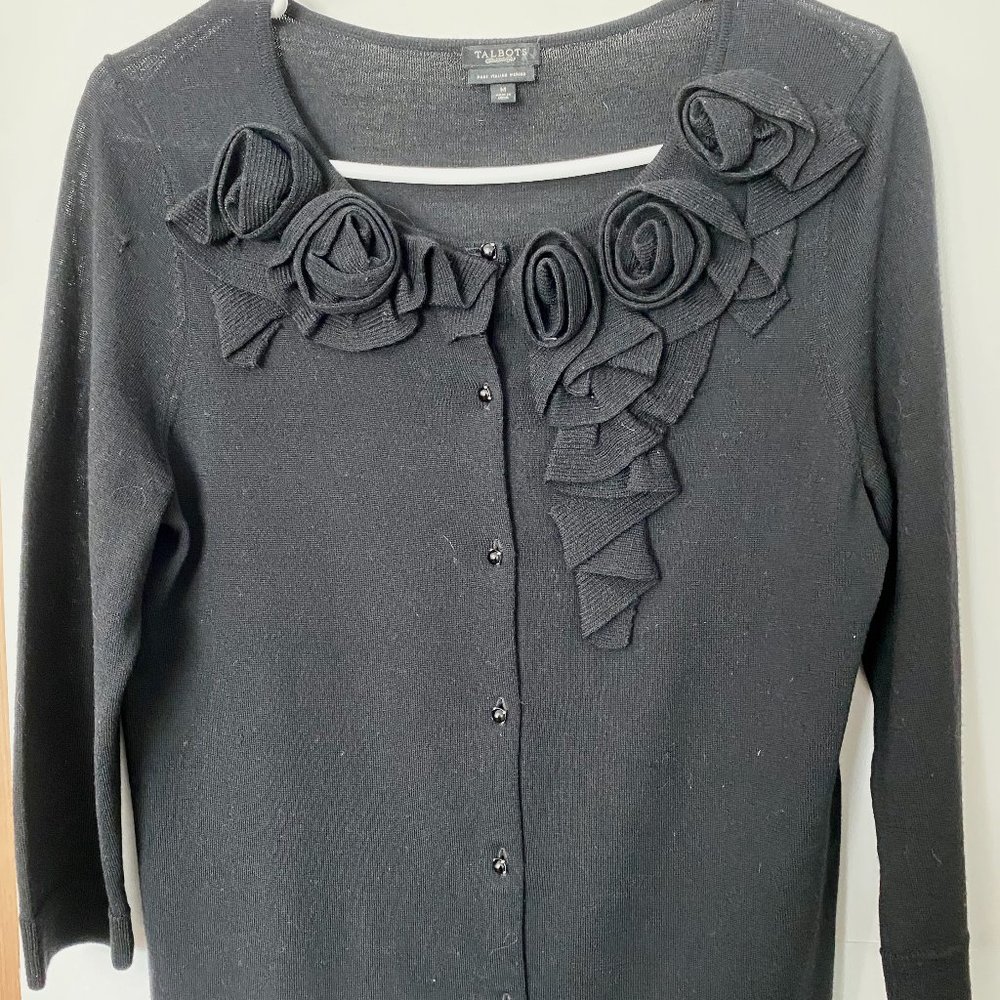 Talbots Black Lightweight Marino Wool Cardigan ¾ Sleeves